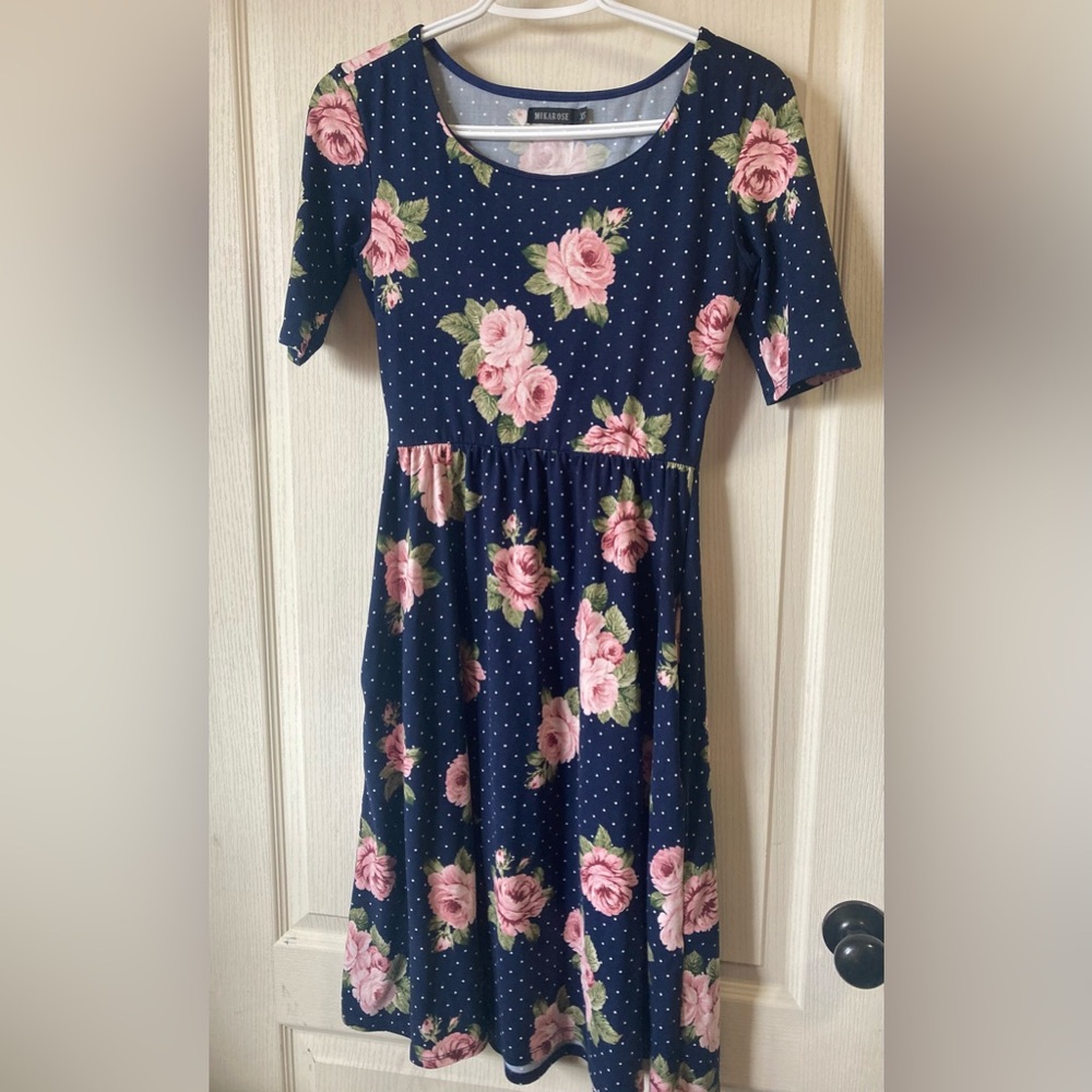 Mikarose Spring Floral Pink and Blue Casual Sundress with Crew Neck